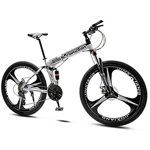 Folding Bike : QMMD 26-Inch Mountain Bikes, Foldable Frame Dual Suspension Bicycle, Mens 21-24-27-30-Speed Anti-Slip Bikes, Adult Mountain Trail Bike with Dual Disc Brake, White 3 Spoke, 30 speed