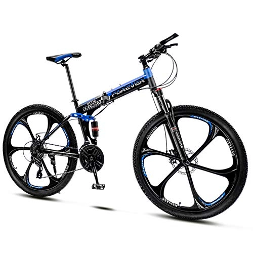 Folding Bike : QMMD Folding Mountain Bikes, 24-Inch Full Suspension Bicycle, Adult Mountain Trail Bike with Dual Disc Brake, 21-24-27-30- Speeds Anti-Slip Bikes, Bikes, blue 6 Spoke, 21 speed