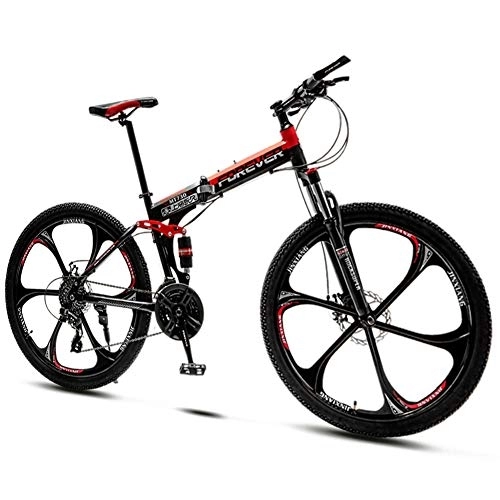 Folding Bike : QMMD Folding Mountain Bikes, 24-Inch Full Suspension Bicycle, Adult Mountain Trail Bike with Dual Disc Brake, 21-24-27-30- Speeds Anti-Slip Bikes, Bikes, Red 6 Spoke, 30 speed