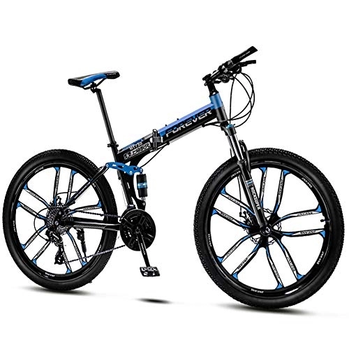 Folding Bike : QMMD Mountain Bikes Adult, 26-Inch Folding Mountain Trail Bike, Dual Disc Brake Mountain Bicycle, 21-24-27-30-Speed Anti-Slip Bikes, Full Suspension Road Bike, blue 10 Spoke, 30 speed
