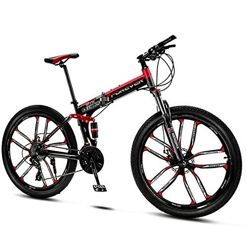 Folding Bike : QMMD Mountain Bikes Adult, 26-Inch Folding Mountain Trail Bike, Dual Disc Brake Mountain Bicycle, 21-24-27-30-Speed Anti-Slip Bikes, Full Suspension Road Bike, Red 10 Spoke, 21 speed