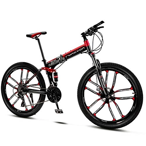 Folding Bike : QMMD Mountain Bikes Adult, 26-Inch Folding Mountain Trail Bike, Dual Disc Brake Mountain Bicycle, 21-24-27-30-Speed Anti-Slip Bikes, Full Suspension Road Bike, Red 10 Spoke, 30 speed
