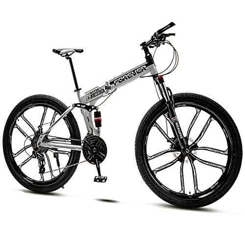 Folding Bike : QMMD Mountain Bikes Adult, 26-Inch Folding Mountain Trail Bike, Dual Disc Brake Mountain Bicycle, 21-24-27-30-Speed Anti-Slip Bikes, Full Suspension Road Bike, White 10 Spoke, 30 speed