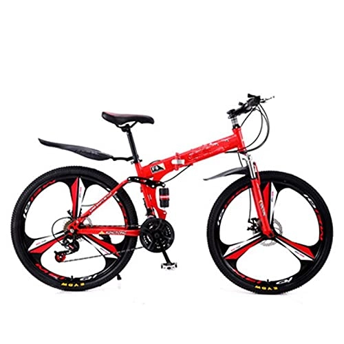 Folding Bike : QQCY Folding Bike Foldable Bicycle 21-24 Speed Carbon Steel 24-26inch Full Suspension Mountain Bicycle, Dual Disc Brake Bike (Color : Red 24 speed / 26 inch)