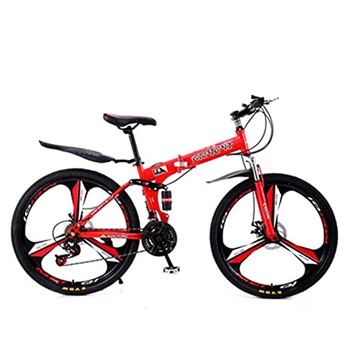 Folding Bike : QQCY Folding Bike Foldable Bicycle 21-24 Speed Carbon Steel 24-26inch Full Suspension Mountain Bicycle, Rear Carry Rack, Front And Rear Fenders, Double Disc Brake (Color : Red 21 speed / 26 inches)