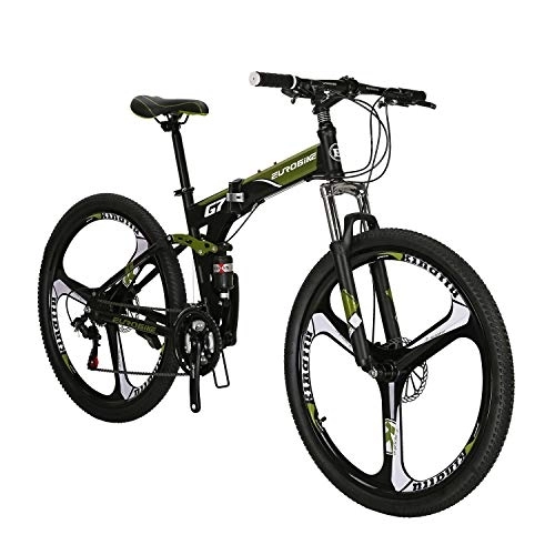 Folding Bike : QQW Folding Mountain Bike for Adults Full Suspension Bicycle Foldable Bikes for Mens / 3-Spoke Green