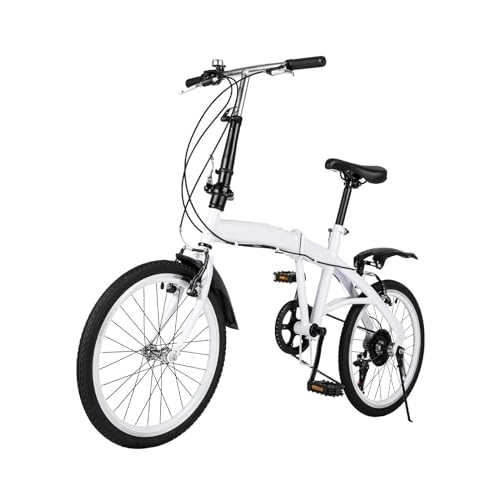 Folding Bike : Qussse 20 Inch Folding Bike, 6-Speed Gears, Folding Bike, Adult Double V Brake, City Bike, Pendulum Bicycle, Height Adjustable, Bicycles, White