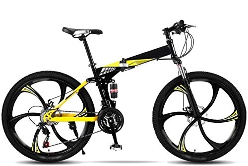 Folding Bike : RENXR 24-Inch Folding Bicycle Mountain Bike 27-Speed Zoom Double Disc Full Suspension Bicycle Lightweight Off-Road Variable Speed Women's / Adult / Student / Car Bike, Yellow