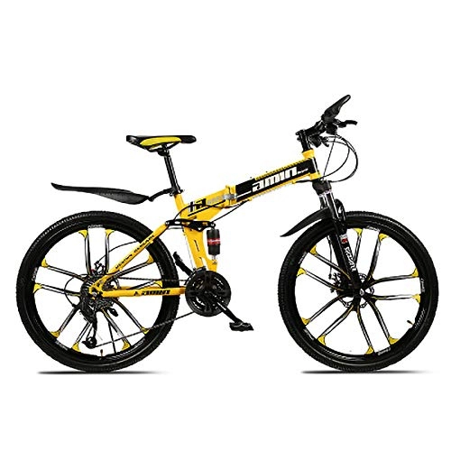 Folding Bike : RHSMW 24 Inches Boy Mountain Bike, 10 Knife One Wheel High-carbon Steel Foldable Bicycle, Unisex, Double Shock Variable Speed Bicycle, Yellow, 24in (24 speed)