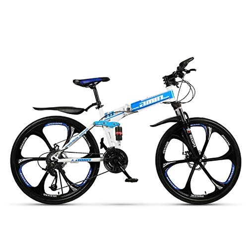 Folding Bike : RHSMW 24 Inches Boy Mountain Bike, 6-knife Integrated Wheel Folding Carbon Steel Bicycles, Double Shock Variable Speed Bicycle, Unisex, Blue, 24in (21 speed)