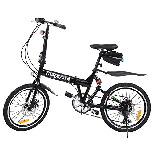 Folding Bike : Ridgeyard Foldable Bicycle 20 Inch 6-Speed Folding Bike + LED Battery Light + Seat Bag + Bike Bell (black)
