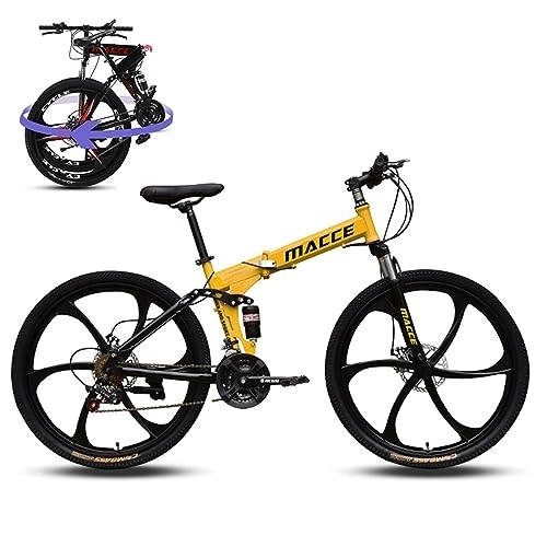 Folding Bike : Rocky Green Folding Mountain Bike, High-Carbon Steel Gears Folding Bike, Dual Disc Brake Mountain Bicycle for Adults / Men / Women (Yellow, 24" 21 speed)