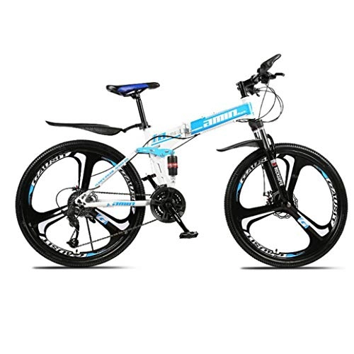 Folding Bike : RPOLY 21-Speed Mountain Bike Folding Bikes, Double Shock Absorption, Adult Folding Bicycle, Off-road Variable Speed Bike with 3-Spoke Wheels, Blue_24 Inch