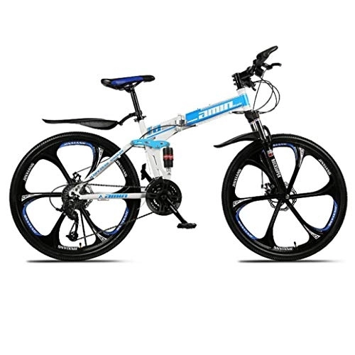 Folding Bike : RPOLY 21-Speed Mountain Bike Folding Bikes, Dual Disc Brake, Adult Folding Bicycle, Off-road Variable Speed Bike with 6-Spoke Wheels, Blue_24 Inch