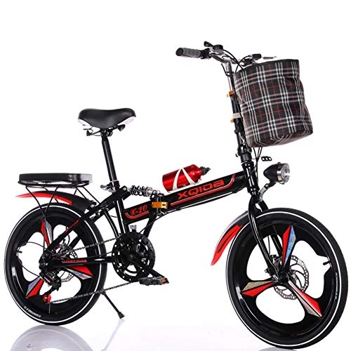 Folding Bike : RR-YRL 20-Inch Folding Shift Bike, Portable Design, Carbon Steel Frame, with Shock Absorption And Sensitive Disc Brakes, Suitable for Ladies, Students, Children, Black red