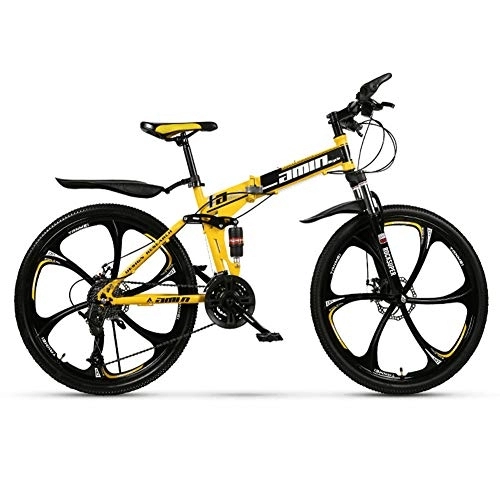 Folding Bike : RR-YRL 26-Inch Folding Bike, 30-Speed Mountain Bike, High-Carbon Steel Frame, City Bike, Unisex Off-Road Bike, yellow 24 shift
