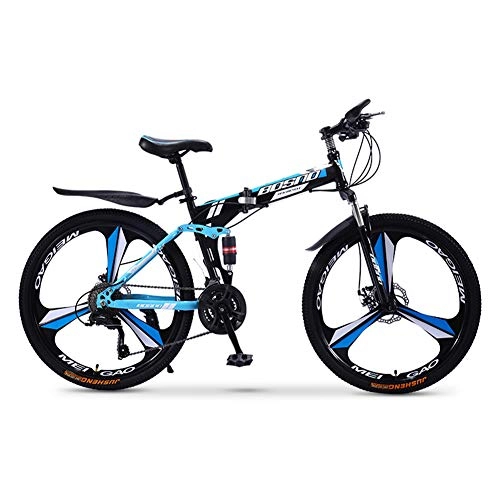 Folding Bike : RR-YRL 26-Inch Folding Bike, Mountain Bike, Carbon Steel Frame, 30-Speed Shift, Double Folding Disc Brakes, Adult Men And Women, Outdoor Travel, black and blue 21 shift