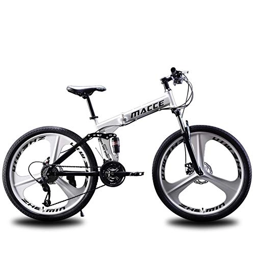 Folding Bike : RR-YRL Adult Folding Bike, Off-Road Mountain Bike, 26 Inches, 27 Shifts, Double Shock Absorption, Front And Rear Mechanical Disc Brakes, Unisex, White 27 speed