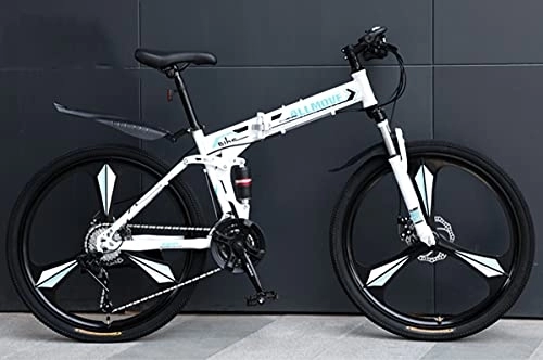 Folding Bike : RSTJ-Sjef 27 Speed Folding Mountain Bikes, 3-Spoke 26 Inches Anti-Slip Bicycle with Double Disc Brake, Full Suspension Mountain Bike for Man / Woman / Teenager, White