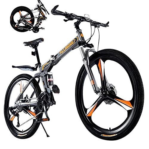 Folding Bike : RSTJ-Sjef Mountain Bike Folding Bicycle with High Carbon Steel Frame, 3-Spoke 27 Speed Full Suspension Anti-Slip Bicycle with Double Disc Brake - for Student / Teenager, 24inch