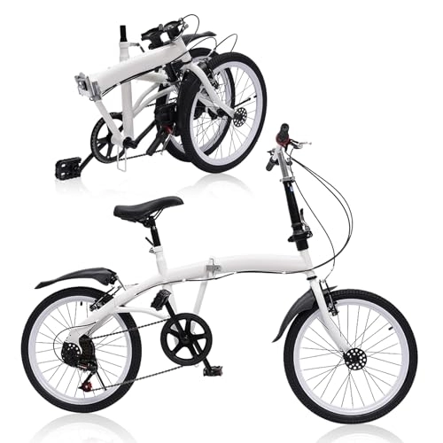 Folding Bike : SABUIDDS 20 Inch Adult Folding Bike 7 Speed Bike Lightweight Alloy Foldable Bike Carbon Steel City Bike Height Adjustable and Double V Brake Bicycle Suitable for Roadways, Mountains, Racing, White