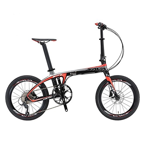 Folding Bike : SAVA 20" Carbon Fiber Frame Folding Bicycle Lightweight 22 Speed Shimano 105 5800 System Disc Brake Foldable Bike (Black Red)