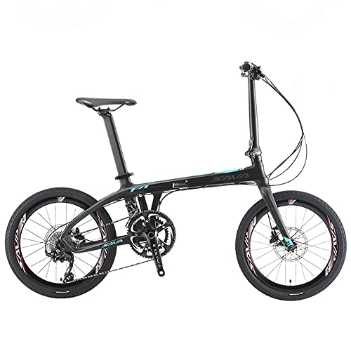Folding Bike : SAVADECK Z1 Carbon Folding Bike 20 inch Carbon Fiber Frame Foldable Bicycle with Shimano 105 R7000 22 Speed Derailleur System and Double Disc Brake Small Portable City Bicycle (Black Blue)
