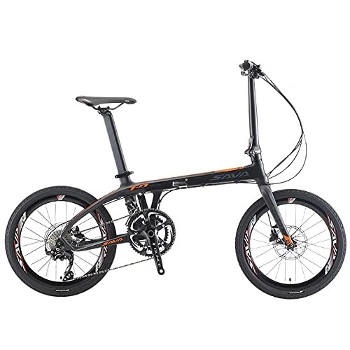 Folding Bike : SAVADECK Z1 Carbon Folding Bike 20 inch Carbon Fiber Frame Foldable Bicycle with Shimano 105 R7000 22 Speed Derailleur System and Double Disc Brake Small Portable City Bicycle (Black Orange)