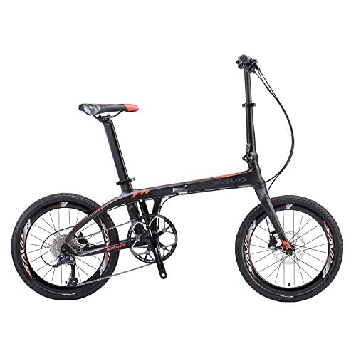 Folding Bike : SAVADECK Z1 Carbon Folding Bike 20 inch Carbon Fiber Frame Foldable Bicycle with Shimano 105 R7000 22 Speed Derailleur System and Double Disc Brake Small Portable City Bicycle (Black Red)