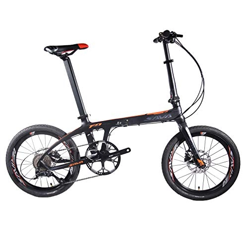 Folding Bike : SAVANE Folding Carbon Fiber Bike, 20 inch Frame Portable Folding Bicycle Mini City Foldable Bikes with SORA 9 Speed and Hydraulic Disc Brake (Black Orange)