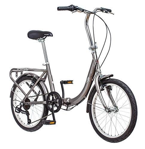 Folding Bike : Schwinn Loop Adult Folding Bike, 20-inch Wheels, 7-Speed Drivetrain, Rear Carry Rack, Carrying Bag, Silver