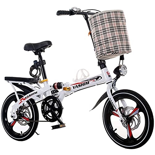 Folding Bike : SHANJ Portable Folding Kids Bike, Foldable Adult Soft-Tail Bicycle, Road Bike, 6-Speed, Disc Brake, with Basket and Back Seat, 16 / 20inch, Black, White