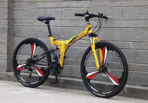 Folding Bike : Shock Absorption Shifting Soft Tail Mountain Bike Bicycle 26 Inch 24 Speed Mens MTB Yellow