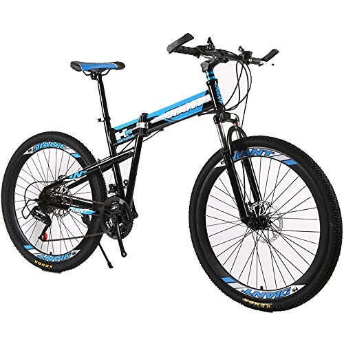 Folding Bike : SIER 26 inch double disc mountain bike wheel integrally folded mountain bike shock absorber 21 speed transmission vehicle, Blue