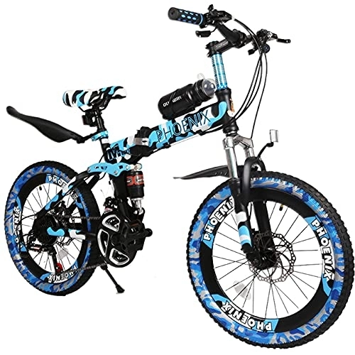 Folding Bike : SilteD 20-inch Hardtail Mountain Bikes, 6-7-8-9-10-11-12 Years Old Student Folding Road Bicycle with Dual Disc Brakes, 21 Speeds, for Birthdays Children's Day (Color : Blue)