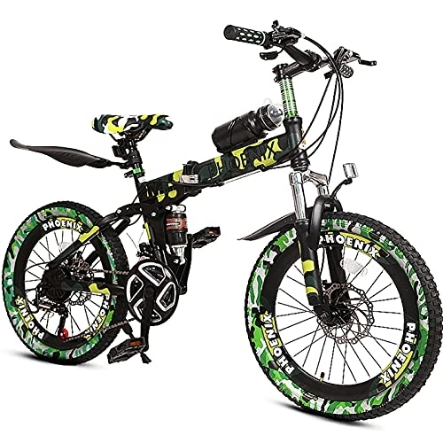 Folding Bike : SilteD 20-inch Hardtail Mountain Bikes, 6-7-8-9-10-11-12 Years Old Student Folding Road Bicycle with Dual Disc Brakes, 21 Speeds, for Birthdays Children's Day (Color : Green)