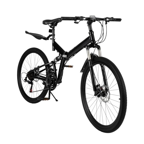 Folding Bike : Soberoses 26 Inch Folding Mountain Bike 21 Speed Bicycle MTB Carbon Steel Foldable Frame Bicycle with Dual Disc Brakes Mudguards for Adults Students Cycling Enthusiasts