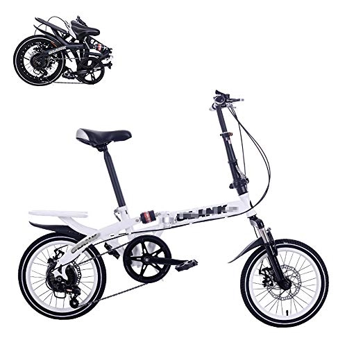 Folding Bike : SUIBIAN Folding Adult Bicycle, 14 / 16-inch Portable Bicycle, 6-speed Speed Regulation, Dual Disc Brakes, Adjustable Seat, Quick Folding Shock-absorbing Commuter Bike, White, 14