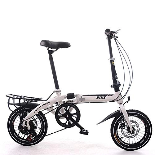 Folding Bike : SYCHONG 14''Variable Speed Foldable Bicycle, Double Disc Brake Folding Bicycle, Small Wheel Portable Student Leisure Bicycle, White