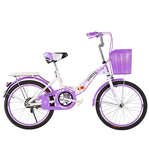 Folding Bike : SYCHONG Children's Folding Bicycle, Single Speed, Girl Stroller with Adjustable Seat, 11-17 Bicycle Aged Student Bicycle, Lightweight, Purple, 22inches