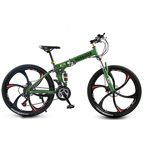 Folding Bike : SYCHONG Mountain Bike 26Inche Six-Knife Wheel Dual Suspension Folding Bike 27Speed MTB Bicycle, Green