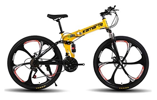 Folding Bike : T-XYD Folding mountain bike, 26 Inch wheel, 27 speed, dual suspension, double disc brakes, off road bicycle for men adults outdoor riding, Yellow