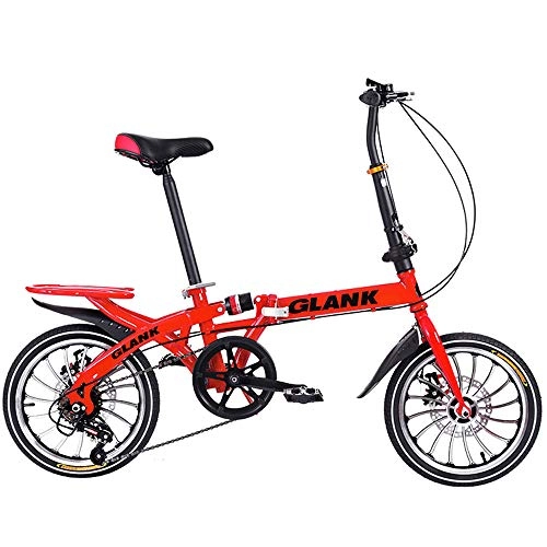 Folding Bike : TATANE 16 Inch 20 Inch Folding Bike, Variable Speed Disc Brake Bicycle, Shock Absorber Student Bike, One-Wheel Adult Bikes, Red, 20 inches
