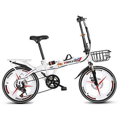 Folding Bike : TATANE All-In-One Folding Bicycle, 20-Inch Portable Adult Student Bicycle, Men's And Women's Variable Speed Shock-Absorbing Bikes, White, 16inch