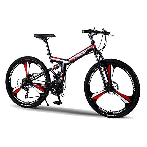 Folding Bike : TATANE Double Disc Brake Mountain Bike, Soft Tail Frame Adult 24 / 26 Inch Suspension, Foldable 21 / 24 / 27 Speed Outdoor Couple Student Bicycle, Red, 26 inch 24 speed