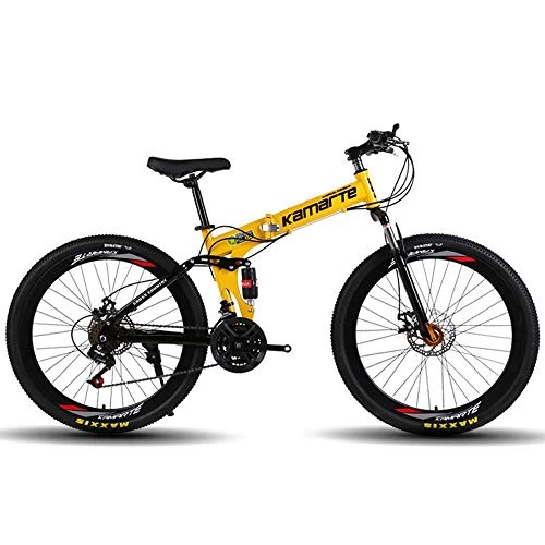 Folding Bike : TATANE Folding Mountain Bike, Double Disc Brake Adult 26 Inch Suspension, Soft Tail Frame 21 / 24 / 27 Speed Outdoor Couple Student Bicycle, Yellow, 26 inch 27 speed
