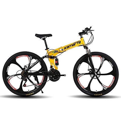 Folding Bike : TATANE Mountain Bike, 24-26 Inch Variable Speed Adult Student Carbon Steel Folding Bike, 21-27 Speed Folding Outdoor Bicycle, Yellow, 24 inch 24 speed