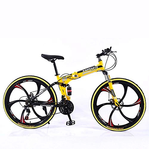 Folding Bike : TATANE Soft Tail Mountain Bike, Double Disc Brake Adult 24 / 26 Inch Suspension, Foldable 21 / 24 / 27 Speed Outdoor Couple Student Bicycle, Yellow, 26 inch 24 speed