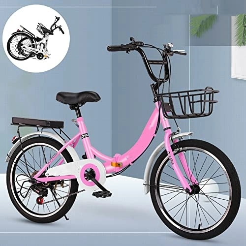 Folding Bike : TAURU 20" Folding Bike, Ladies Shopper City Bicycle Bike, Folding Bike for Men And Women (Pink, change speed)