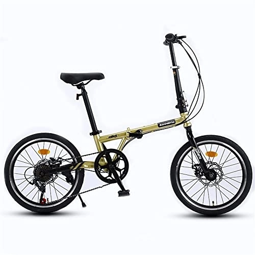 Folding Bike : TAURU 20" Variable Speed Bicycle Fold Bikes Carbon Steel Portable Bicycle-Double Disc Brake (Gold)